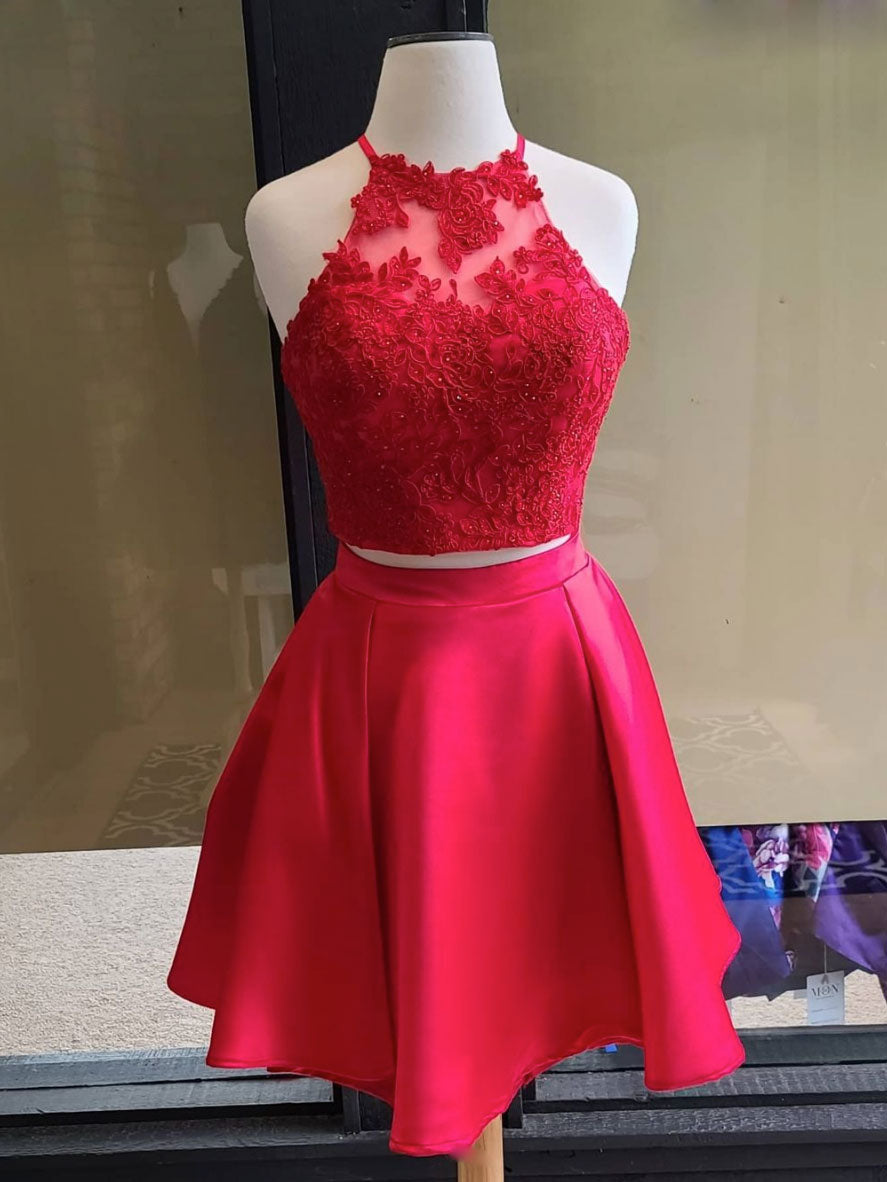 Simple red two pieces short lace prom ...